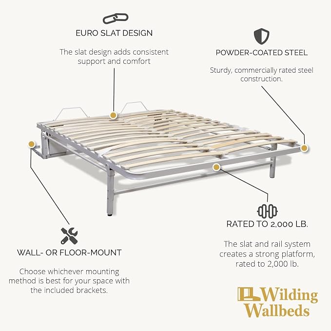 Wilding Wallbeds Deluxe Murphy Bed Frame (Full) Vertical Wallbed, Powder-Coated Steel Frame for Folding Cabinet, Pull-Out Bed, Hidden Bed
