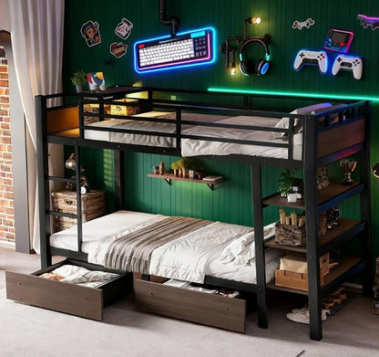 Bellemave Bunk Bed Twin Over Twin，Metal Bunk beds with Storage Shelves, LED Light Strip, and USB Power Strip, Upper Bed with Desk, Black
