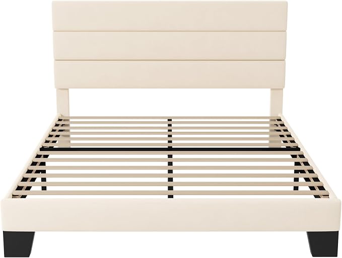 Allewie Full Size Platform Bed Frame with Velvet Upholstered Headboard and Wooden Slats Support, Fully Upholstered Mattress Foundation/No Box Spring Needed/Easy Assembly, Cream