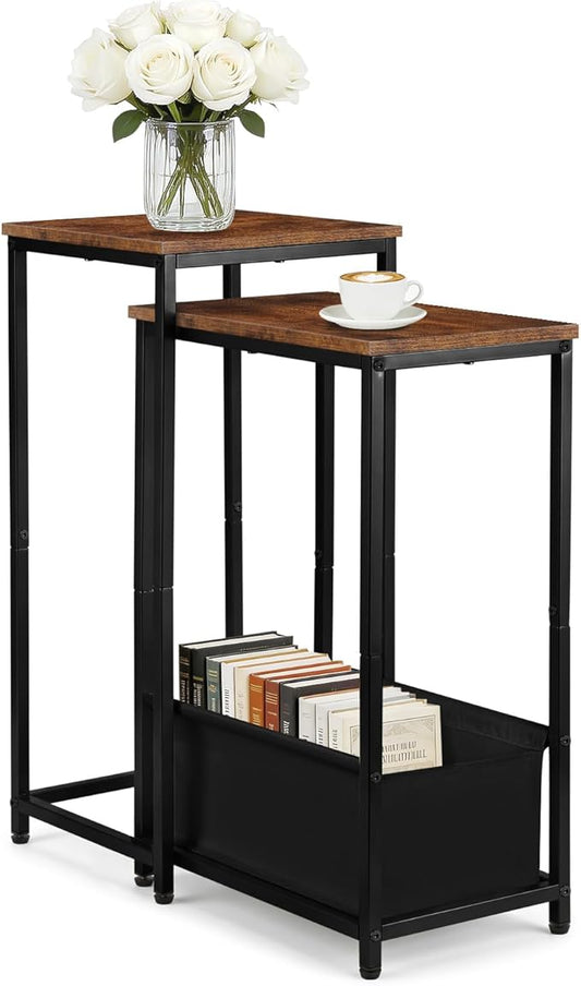 Nesting Nesting End Tables Set of 2, Stacking Side Table with Fabric Storage Basket, Small Nightstand for Small Space, Living Room, Bedroom