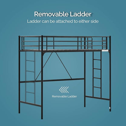 VINGLI 71 Inches Tall Loft Bed Twin Size with Flat Ladder Rung for Kids Teens Adults Heavy Duty Metal Single Bunk Bed Loft with Safety Guard Rails for Small Space, Black