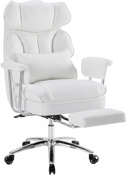 Executive Ergonomic Office Chair, PU Leather High Back Reclining Office Chair with Footrest and Lumbar Support, Height Adjustable Rolling Swivel Computer Chair for Home Office,White