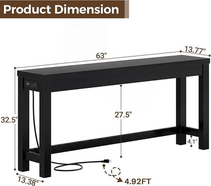 Cyclysio 63" Console Table with Charging Station, 13.8" Deep Farmhouse Sofa Table Behind Couch with 2 AC Outlets & 3 USB Ports, Long Entryway TV Console or Home Office Desk, Black