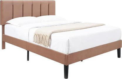 VECELO Full Size Bed Frame with Upholstered Headboard, Heavy-Duty Bedframe with Wooden Slats & Steel Framework, Easy Assembly, Coffee