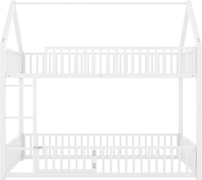RuiSiSi Metal Bunk Bed Twin Over Twin, Floor House Bunk Bed with Safety Guardrails and Roof for Kids Teens, Twin Bunk Beds for Bedroom, No Box Spring Needed, White