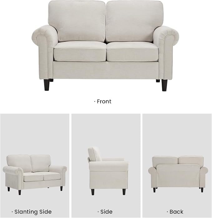 Kingfun Loveseat 2 Seater Couch, Mid Century Modern Chenille Sofa with Rolled Arms and Deep Seats, Fluffy Comfort for Living Room, Apartment, Easy Assembly, Beige