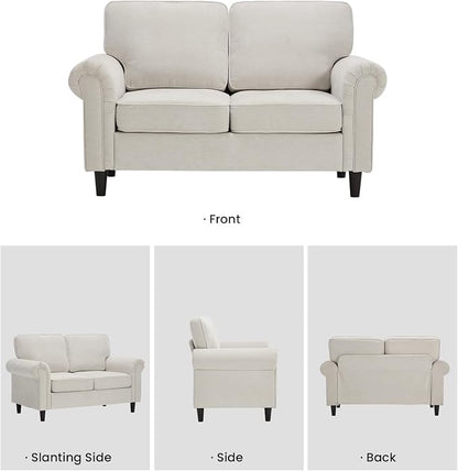 Kingfun Loveseat 2 Seater Couch, Mid Century Modern Chenille Sofa with Rolled Arms and Deep Seats, Fluffy Comfort for Living Room, Apartment, Easy Assembly, Beige