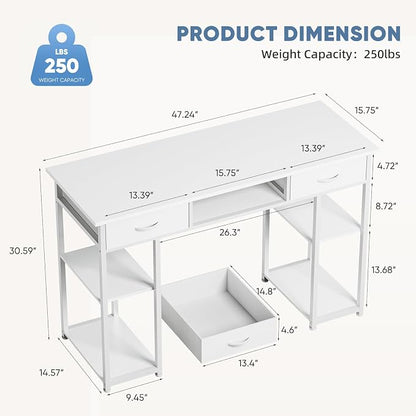 DUMOS 48" Small Computer Home Office Desk for Bedroom with Drawers, Gaming Writing Study Table with Storage Shelf, Adjustable Feet, Compact Desk for Gaming and Home Office Use, White
