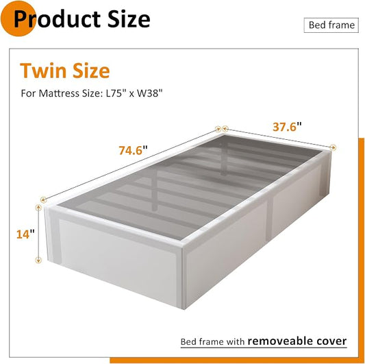 Maenizi Twin Bed Frame with White Fabric Cover 14 Inch, Heavy Duty Metal Bed Frame Twin, No Box Spring Needed, Support Up to 2500 lbs, Easy Assembly, Noise Free, Black