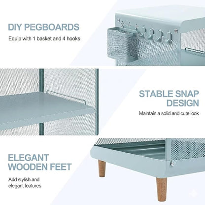 SYKIARIOL Kids Nightstand for Girls, Metal Bedside Table with 4 Hooks & Hanging Basket, 3-Tier Storage Shelf, Toddler Night Stand for Bedroom, Mint Green