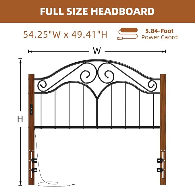 Headboard for Full Size Bed Frame with Charging Station USB & Type C Ports | Vintage Platform Bed Headboard Only,Adjustable,Iron Legs,Easy Assembly,Black