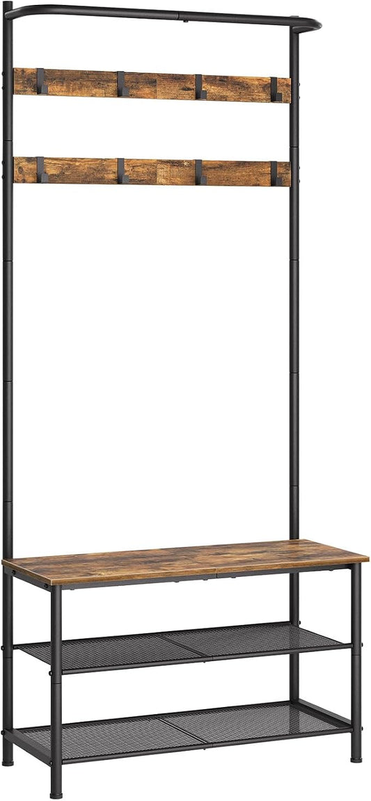YATINEY Hall Tree, Coat Rack with Shoe Bench, 4-in-1 Entryway Bench with Storage Shelves, Hanging Rod and 8 Movable Hooks, Hall Tree with Storage Bench for Hallway, Rustic Brown and Black MT02BR