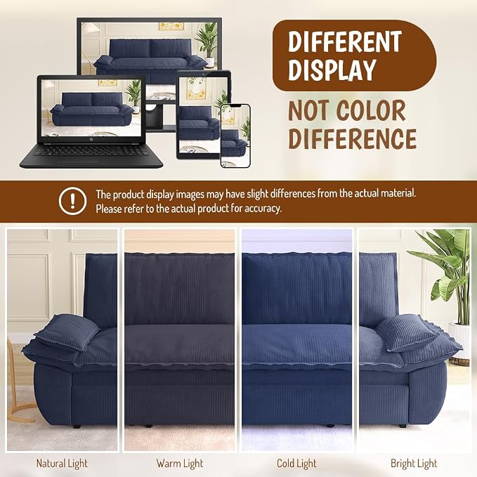 73.2" Sleeper Sofa Bed Queen Size, 3-in-1 Convertible Couch, Modern Pull Out Couches, Comfy Corduroy Futon Sofa, Cloud Loveseat Lounge, Pillow Arm, for Living Room, Apartment, Dark Blue