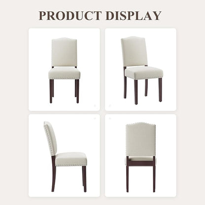 Upholstered Parsons Dining Chairs Set of 2, Modern Dining Room Chairs with Back, Fabric Kitchen Side Chairs with Wood Legs, Nailhead Trim for Dinner Farmhouse Restaurant, Beige
