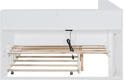 Bellemave Full Corner Bed Frame with Trundle, Wood Full Size Daybed with L-Shaped Bookcase，Daybed with Storage Cabinets, White
