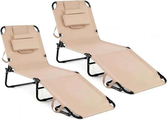 GYMAX Beach Lounge Chair, Sunbathing Chair Patio Lounge Chair Folding Adjustable Recliner with Hole for Face
