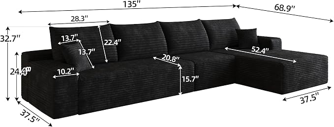 Eafurn 135" Oversized L-Shaped Boneless Sectional Sofa Couch with Chaise, Fluffy Corduroy Modular Couch with Deep Seat,Flexible Combination Corner Sofa & Couch for Living Room, No Assembly
