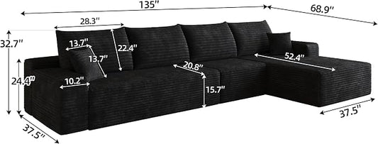 Eafurn 135" Oversized L-Shaped Boneless Sectional Sofa Couch with Chaise, Fluffy Corduroy Modular Couch with Deep Seat,Flexible Combination Corner Sofa & Couch for Living Room, No Assembly