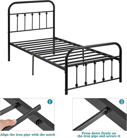 VECELO Black Metal Bed Frame Twin Size with Vintage Headboard and Footboard, No Box Spring Needed, Premium Stable Steel Slat Support Mattress Foundation