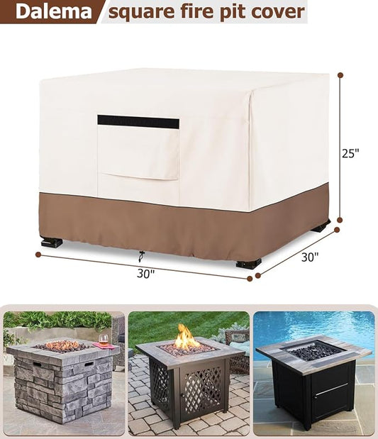 Fire Pit Cover,Outdoor Heavy Duty 600D 100% Waterproof Fire Pit Cover Square,Weatherproof Firepit Covers Square 30" W x 30" D x 25" H,Beige & Brown