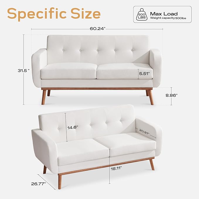 HUIMO Sofa Couch, Mid Century Modern Sofa with Solid Wood Frame, Button Tufted Couch for Bedroom, Living Room, Office, Apartment (White, 60 inch)