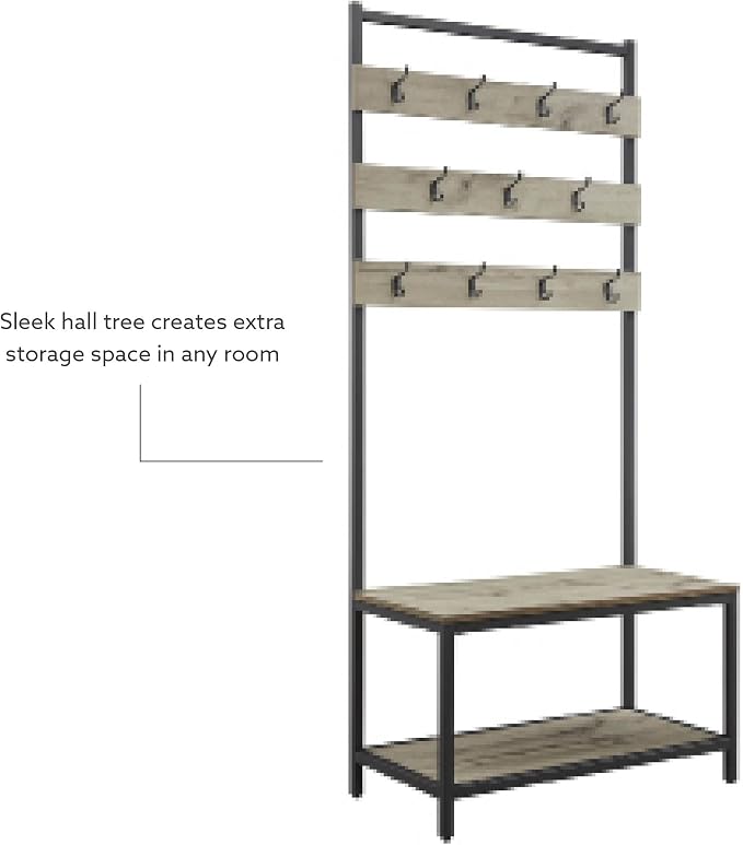 Linon Shaymus Grey Metal Hall Tree with Greywashed Wood Bench and Seat Featuring Multiple Hooks