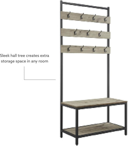 Linon Shaymus Grey Metal Hall Tree with Greywashed Wood Bench and Seat Featuring Multiple Hooks