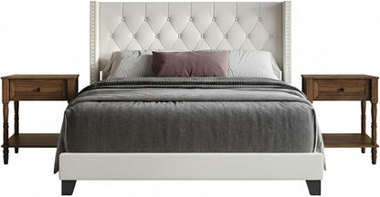 HOME DESIGN Homer Queen Tufted Wingback Upholstered Panel Bed with 2 Matching 1 Drawer Nightstands, Bedroom Furniture Set with Open Shelf Storage, Light Beige Brown