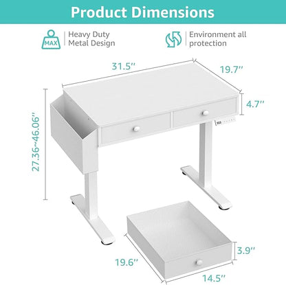 KLUVIS Electric Standing Desk with Drawers, 32 Inch White Small Height Adjustable Sit Stand Desk with Storage for Small Space Home Office Bedroom, Study Writing Stand up Computer Desks for Girls Work