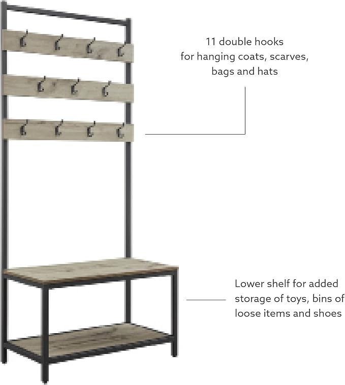 Linon Shaymus Grey Metal Hall Tree with Greywashed Wood Bench and Seat Featuring Multiple Hooks