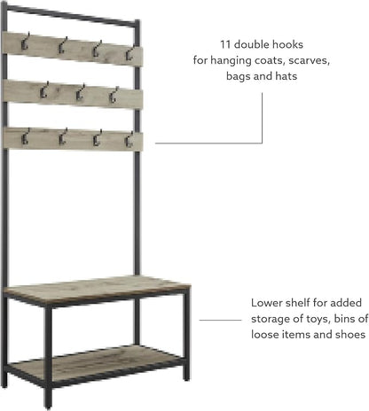 Linon Shaymus Grey Metal Hall Tree with Greywashed Wood Bench and Seat Featuring Multiple Hooks