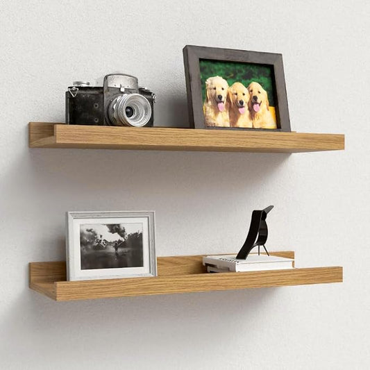 Boswillon Floating Shelves Set of 2, Modern Wall Shelves with Lip, Display Picture Ledge for Bedroom, Living Room, Bathroom, Kitchen - Oak