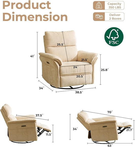 Oversized Power Recliner Chair Swivel Glider with Massage and Heat, Rocker Nursery Recliner for Adults with Adjustable Headrest, 26" Extra Wide Nursery Chair with Overstuffed Armrest,Beige