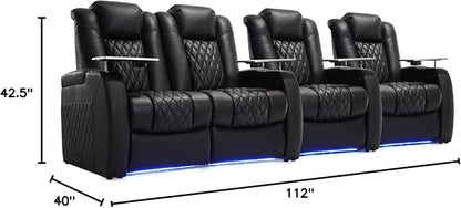 Weilianda Home Theater Seating Top Grain Leather Zero Gravity Recliner Chair Power Headrest Recline Movie Seat Gaming 7 Colors Mood Light Sofa with Tray Table USB Charge Row of 4 Loveseat Left Black