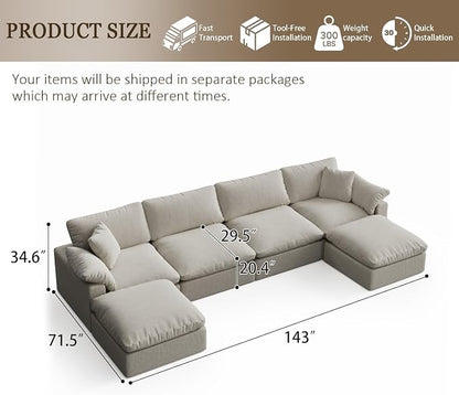 Modern Modular Sectional Sofa U-Shaped 6-Seat with Ottoman,Light Beige-Extra Comfty Deep Seat Couch for Living Room,Apartment,Office & Small Spaces