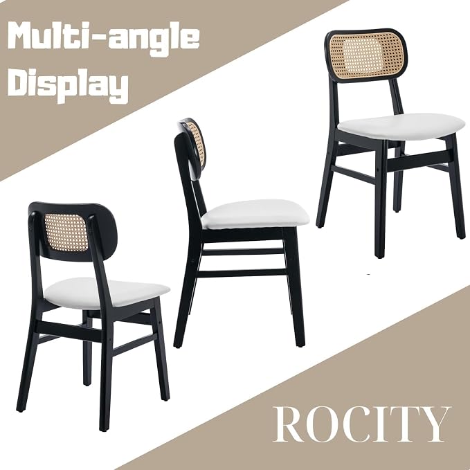 ROCITY Rattan Dining Chairs Set of 2 Black Wooden Dining Room Chairs White Faux Leather Kitchen Chairs with Back Farmhouse Side Chairs