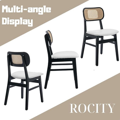ROCITY Rattan Dining Chairs Set of 2 Black Wooden Dining Room Chairs White Faux Leather Kitchen Chairs with Back Farmhouse Side Chairs
