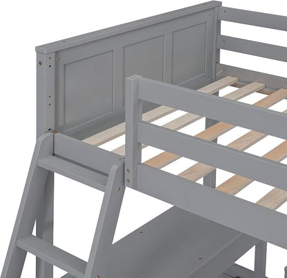 Ball & Cast Twin Over Full Bunk Bed with Safty Guardrail & Stairway,Heavy Duty Wood Loft Bedframe W/Desk & Drawers,Easy Assembly,Versatile Functional Bedroom Furniture Set for Boy Girl Teens,Gray