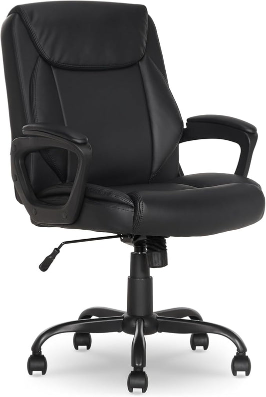 Amazon Basics Classic Puresoft PU Padded Mid-Back Office Desk Chair with Armrest, Easy Assembly, Sturdy Metal Base, Wheels, 275lb Support, 26"D x 23.75"W x 42"H, Black