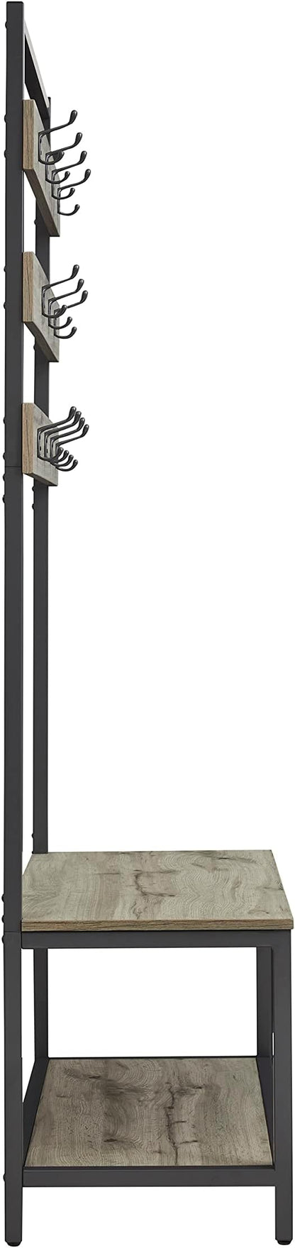 Linon Shaymus Grey Metal Hall Tree with Greywashed Wood Bench and Seat Featuring Multiple Hooks