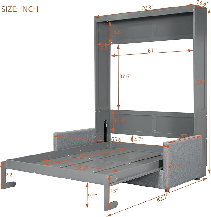 MERITLINE Full Murphy Bed with Couch,Wood Murphy Bed Cabinet with Sofa,Fold up Bed Grey Murphy Wall Bed Full Size