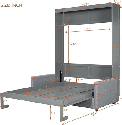 MERITLINE Full Murphy Bed with Couch,Wood Murphy Bed Cabinet with Sofa,Fold up Bed Grey Murphy Wall Bed Full Size