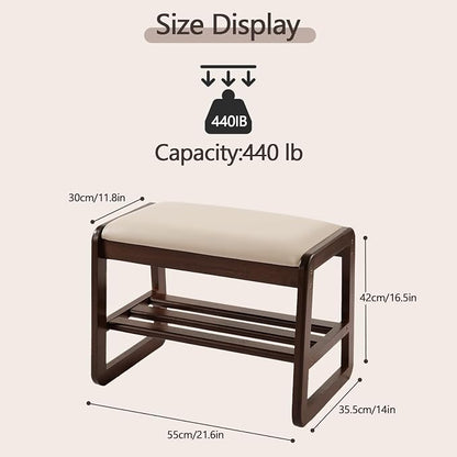 Achicsofar Small Shoe Rack Bench,2 Tier Solid Wooden Entryway Bench with Shoe Storage, Shoe Rack with Cushion for Living Room, Hallway(Pu Beige, 21.6")