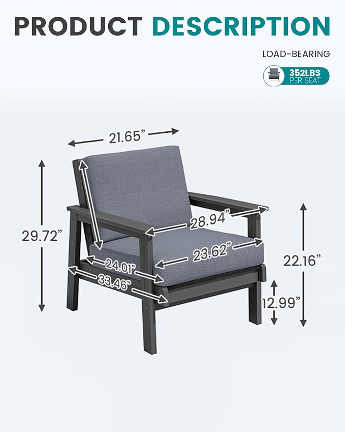 SERWALL Patio Furniture Set with 33” Fire Pit Table, HDPE Outdoor Sectional Sofa Set with Thickened Cushions, Grey Frame with Grey Cushions