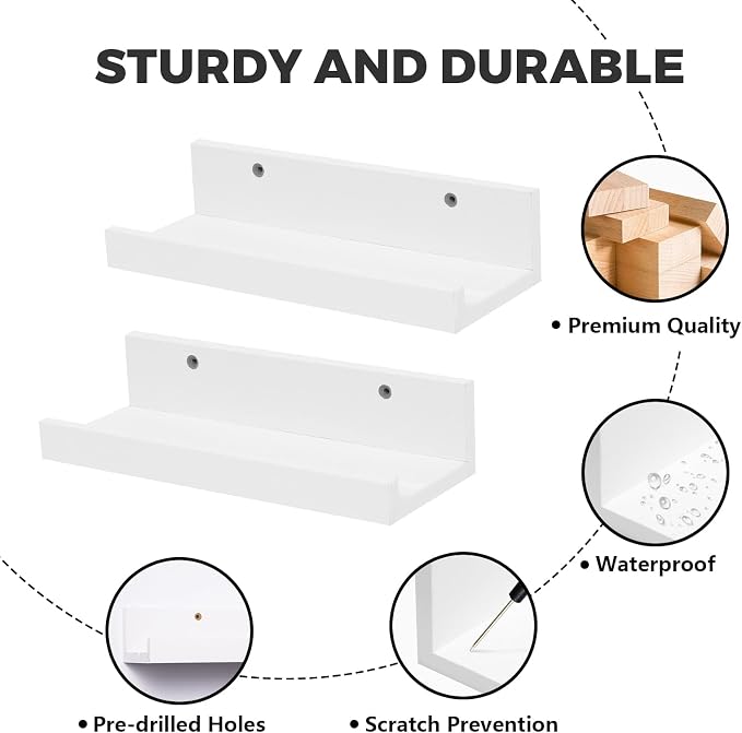 Muzilife 12" Small Floating Wall Ledge Shelves with Lip - Set of 4 Wood Floating Shelves - White Wall Mounted Picture Ledge for Office, Bathroom, Bedroom, Living Room, Kitchen