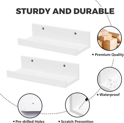 Muzilife 12" Small Floating Wall Ledge Shelves with Lip - Set of 4 Wood Floating Shelves - White Wall Mounted Picture Ledge for Office, Bathroom, Bedroom, Living Room, Kitchen
