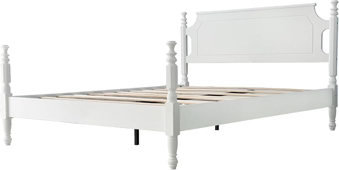 Solid Wood Queen Size Platform Frame, Headboard & Footboard, No Box Spring Needed, 12 Wooden Slats, Center Metal Legs, Slip-Free, Simple Assembly, Under Bed Storage, Pure White Finish, ROQ-39