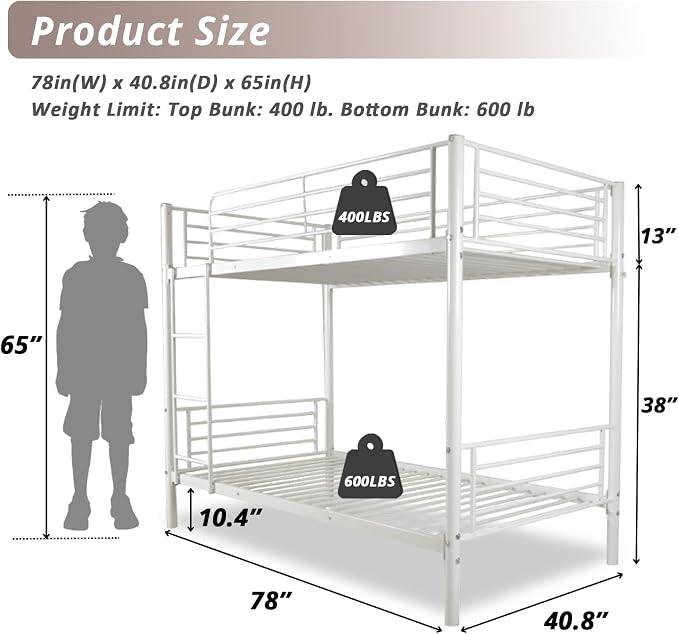 Karl home Metal Bunk Bed Twin Over Twin with Built-in Ladder, White | Heavy Duty Bunkbeds with Safety Guardrail and Space-Saving Design,Twin Bunk Beds for Kids, Teens & Adults, No Box Spring