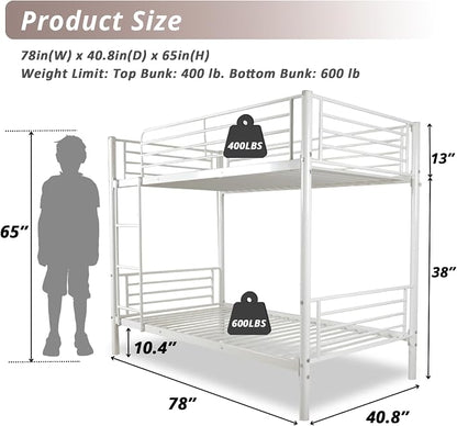 Karl home Metal Bunk Bed Twin Over Twin with Built-in Ladder, White | Heavy Duty Bunkbeds with Safety Guardrail and Space-Saving Design,Twin Bunk Beds for Kids, Teens & Adults, No Box Spring