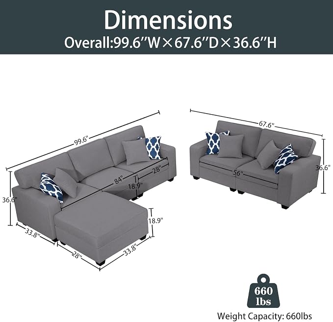 Legend Vansen Oversized Modular Sectional Sofa,U/L‑Shaped Reversible Couch with Ottoman,Deep Seat Plush Polyester Sofa for Living Room,6‑Seater,Dark Grey
